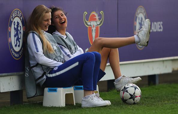 Chelsea ball girls laugh. on April 22, 2018 in Kingston upon Thames, England. (Warren Little/Chelsea FC via Getty Images)