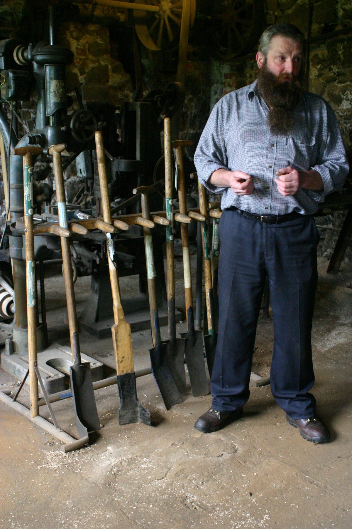Spade making at Patterson’s Spade Mill. Spade making (forged heads) is critically endangered. (Robin Wood)