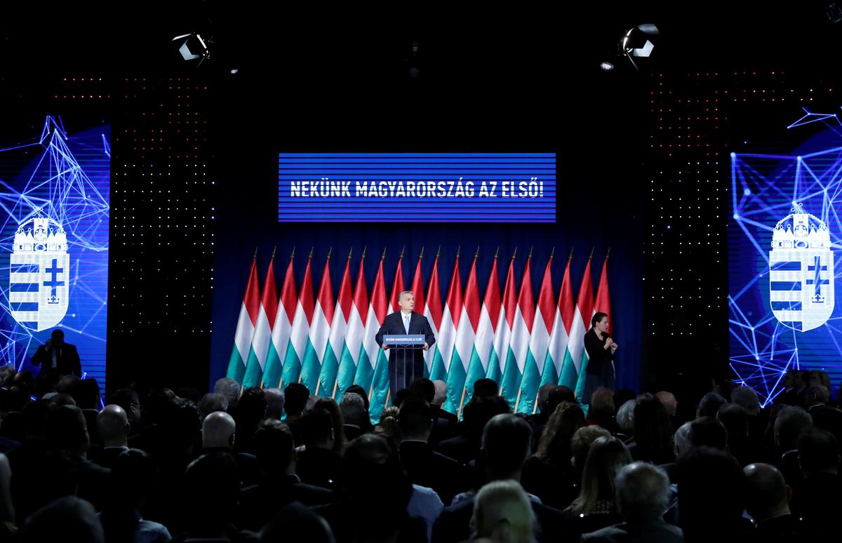Hungarian Prime Minister Viktor Orbán delivers his annual state of the nation speech in Budapest on Feb. 10, 2019. (Bernadett Szabo/Reuters)
