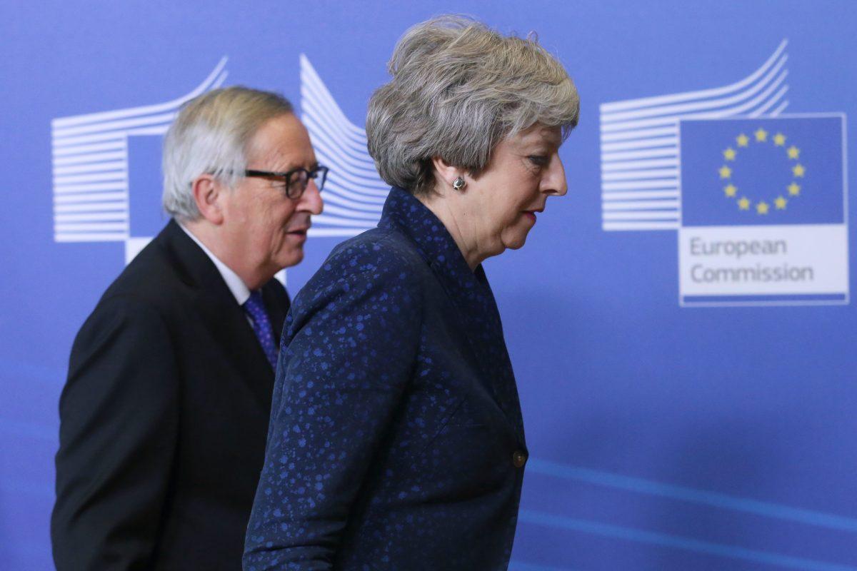 British Prime Minister Theresa May is welcomed by European commission President Jean-Claude ahead to a meeting on Brexit in Brussels, Belgium on Feb. 7, 2019. (Francois Walschaerts/AFP/Getty Images)