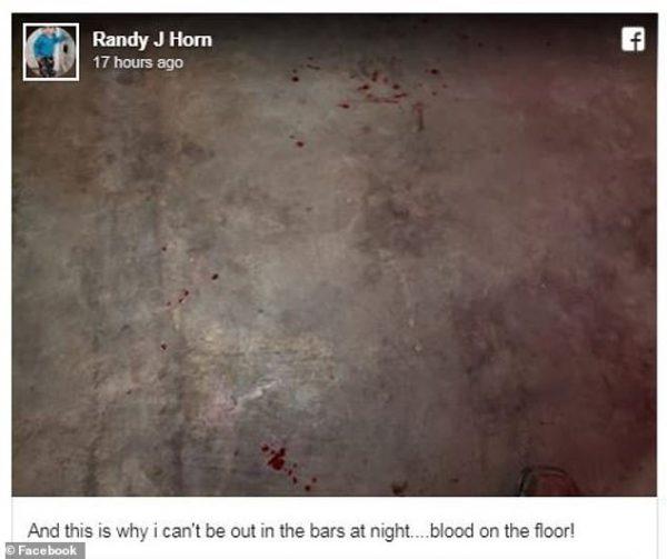 According to the Daily Mail, several hours before he allegedly turned a gun on his family, Randy Horn posted a photo of the floor at the establishment covered with splotches of blood, with the caption “And this is why I can’t be out in the bars at night.” (Facebook)