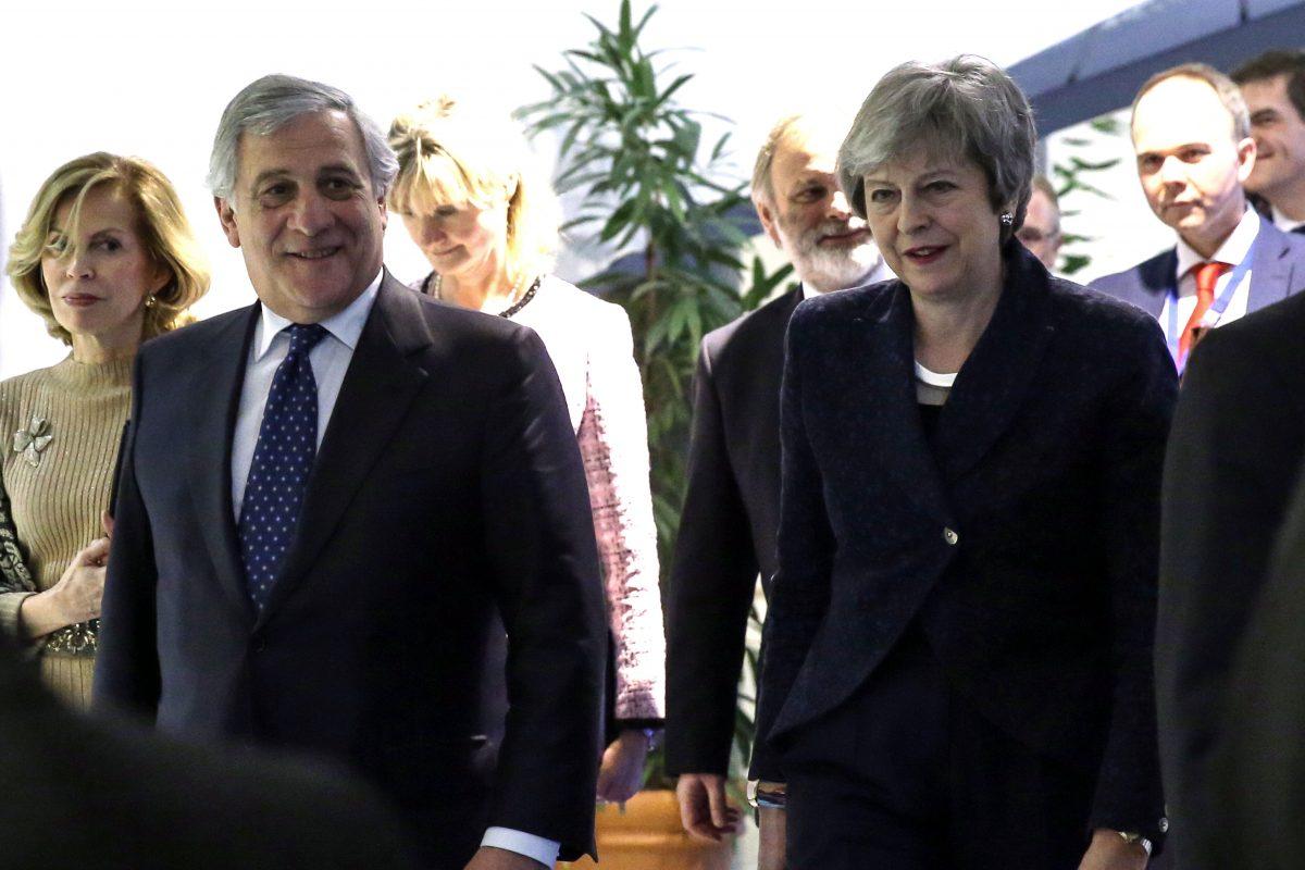 European Parliament President Antonio Tajani and British Prime Minister Theresa May leave the European Parliament following their meeting in Brussels, Belgium on Feb. 7, 2019. (Francois Walschaerts/AFP/Getty Images)