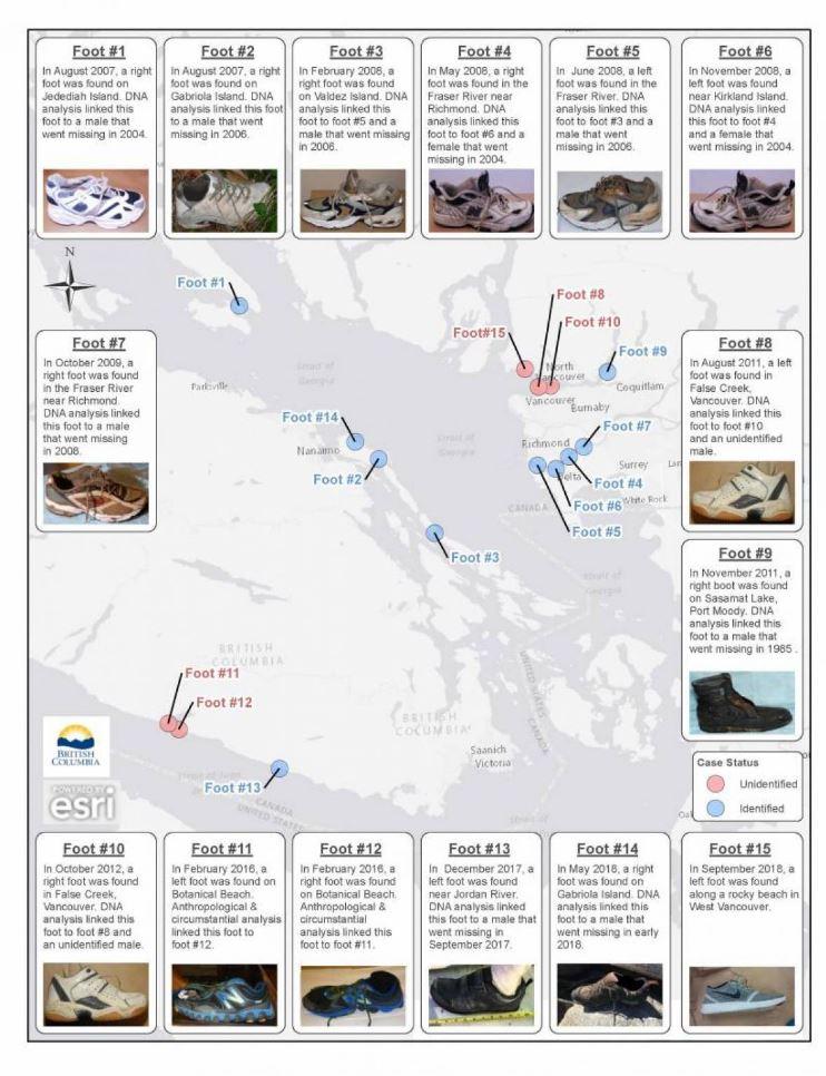 A graphic from the B.C. Coroner's Service shows where the 15 human feet that have been discovered between 2007 and 2018 were found in Vancouver. (B.C. Coroner's Service)