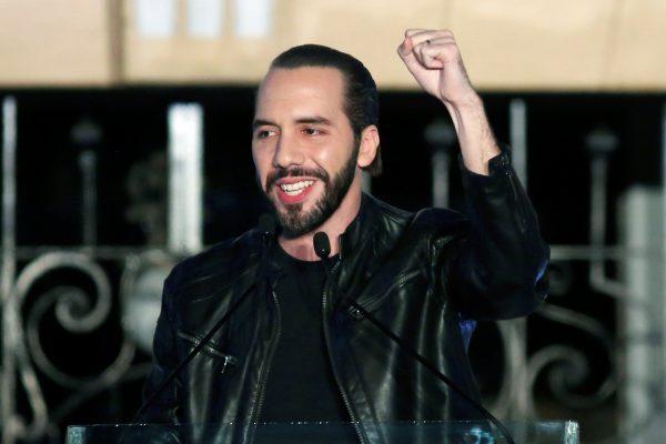Presidential candidate Nayib Bukele of the Great National Alliance (GANA) gestures to his supporters after official results in downtown San Salvador, El Salvador on Feb. 3, 2019. (Jose Cabezas/Reuters)