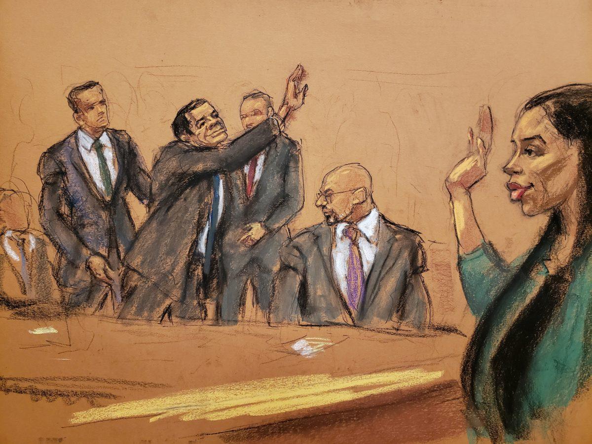 The accused Mexican drug lord Joaquin "El Chapo" Guzman is seen in this courtroom sketch, waving to his wife Emma Coronel Aispuro, upon entering the courtroom on the day he was found guilty of smuggling tons of drugs to the United States, in Brooklyn federal court in New York, U.S., on Feb. 12, 2019. (Reuters/Jane Rosenberg)