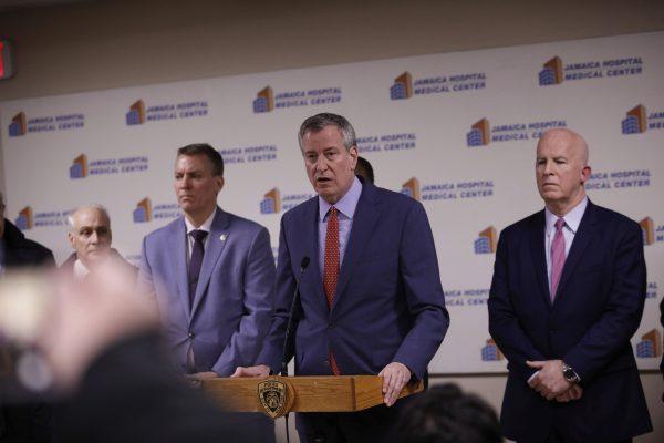 New York Mayor Bill de Blasio speaks during a press conference at Jamaica Hospital Medical Center, in the Queens borough of N.Y., on Feb. 12, 2019. (AP Photo/Kevin Hagen)