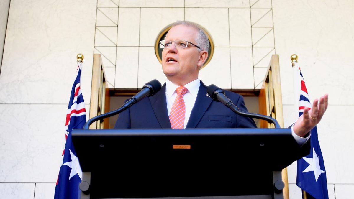 Prime Minister Scott Morrison speaks to media during a press conference at Parliament House in Canberra, Australia, on Feb. 13, 2019. (Tracey Nearmy/Getty Images)