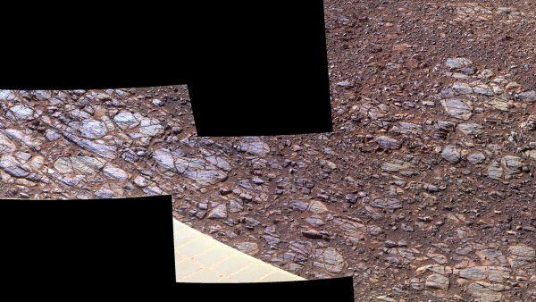 An enhanced-color view of ground sloping downward to the right in "Perseverance Valley," seen by the Opportunity rover on Mars in Oct. 2017. (NASA/JPL-Caltech/Cornell University/Arizona State University via AP)
