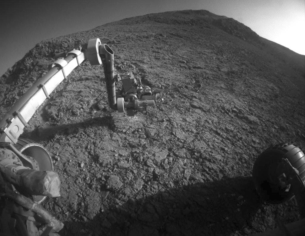 NASA shows the tool turret at the end of the the Opportunity rover's robotic arm on the southern side of "Marathon Valley," which goes through the western rim of Endeavour Crater on Jan. 5, 2016. (NASA/JPL-Caltech via AP)