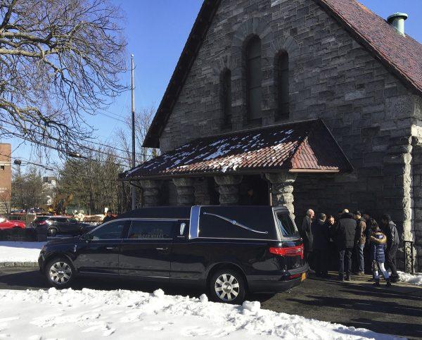 A hearse arrives at the funeral Mass for Valerie Reyes at St. Gabriel's Church, 120 Division St., New Rochelle, New York, on Feb. 13, 2019. (Tyler Sizemore/Hearst Connecticut Media via AP)