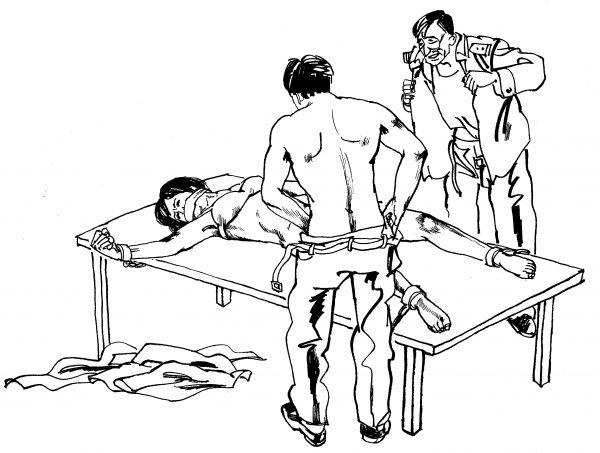 Sexual abuse, including gang rape by guards or inmates, is a common torture method. (Illustration by Minghui.org)