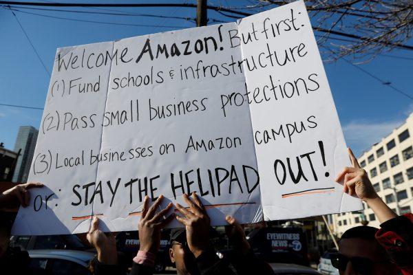 Demonstrators gather to protest Amazon's new location workplace in Long Island City of the Queens borough of New York, on Nov. 14, 2018. (Shannon Stapleton/Reuters)