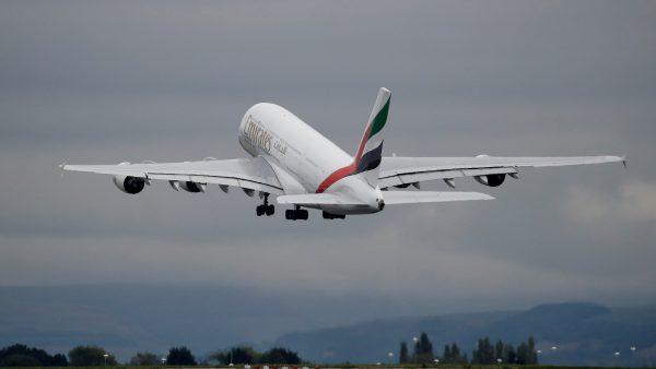 FILE—An Emirates Airbus A380-800 aircraft takes off from Manchester Airport in Manchester, Britain, on Sept. 4, 2018. (Phil Noble/File Photo/Reuters)