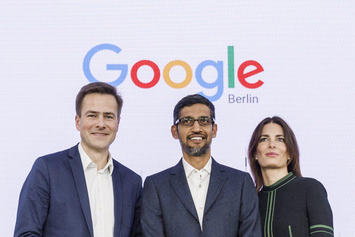 Philipp Justus (L), Vice President Google Central Europe, Sundar Pichai (C), CEO of Google and Senior Director Public Policy and Government Relations Annette Kroeber-Riel (R) pose for the media before the festive opening of the Berlin representation of Google Germany in Berlin, Germany on Jan. 22, 2019. (Carsten Koall/Getty Images)