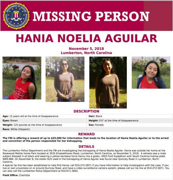 This image released by the FBI shows a missing person poster for Hania Aguilar. Aguilar was kidnapped from a mobile home park after going outside to start a relative's SUV before school in Robeson County, N.C., on Nov. 5, 2018. (FBI via AP)