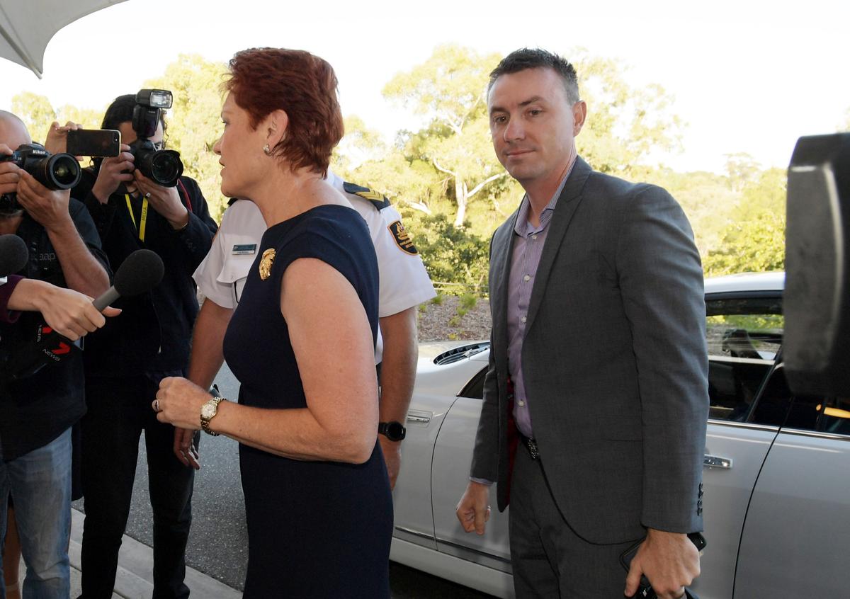 Senator Pauline Hanson and James Ashby (R) arrive at doors at Parliament House on Feb. 14, 2019 in Canberra, Australia. (Tracey Nearmy/Getty Images)