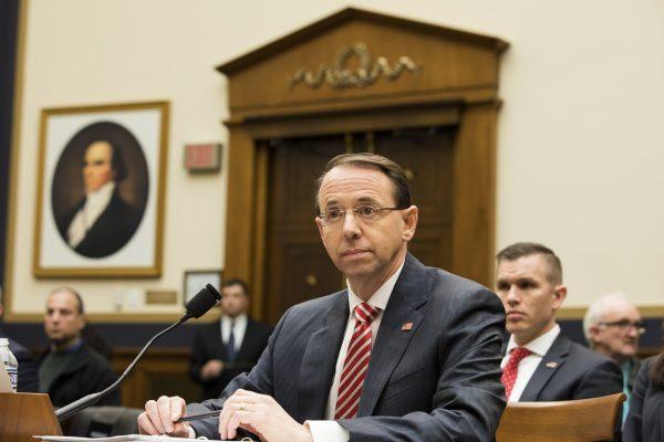 Deputy Attorney General Rod Rosenstein testifies before the House Judiciary Committee about Special Counsel Robert Mueller's investigation of Russia's alleged election interference in 2016, in Washington on Dec. 13, 2017. (Samira Bouaou/The Epoch Times)