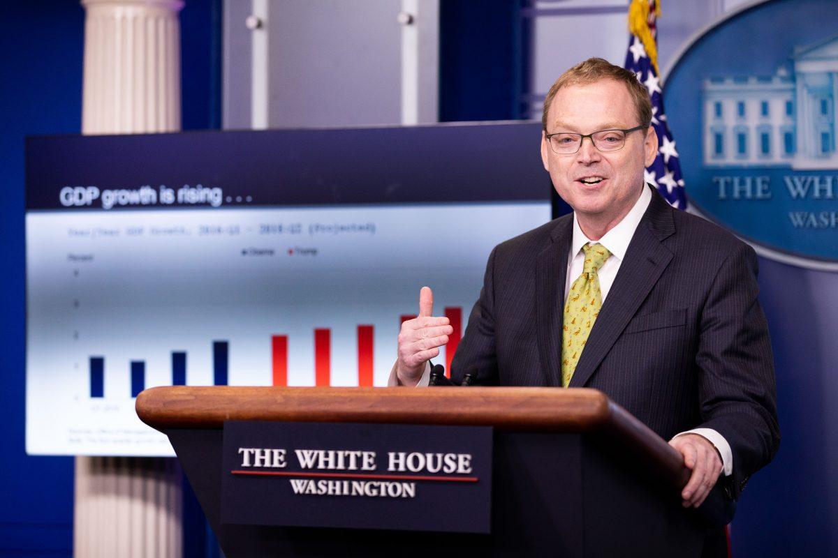 Chair of the Council of Economic Advisers Kevin Hassett speaks on the economy during a press briefing at the White House in Washington on May 5, 2018. (Samira Bouaou/The Epoch Times)