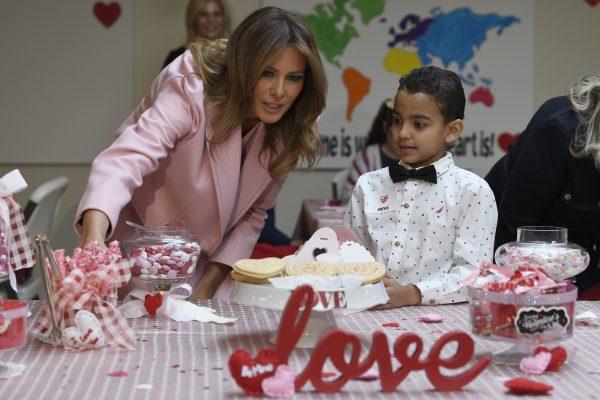 First Lady Melania Trump talks with Josue during her visit to the National Institutes of Health to see children at the Children's Inn and celebrate Valentine's Day in Bethesda, Md., on Feb. 14, 2019. (Susan Walsh/AP)
