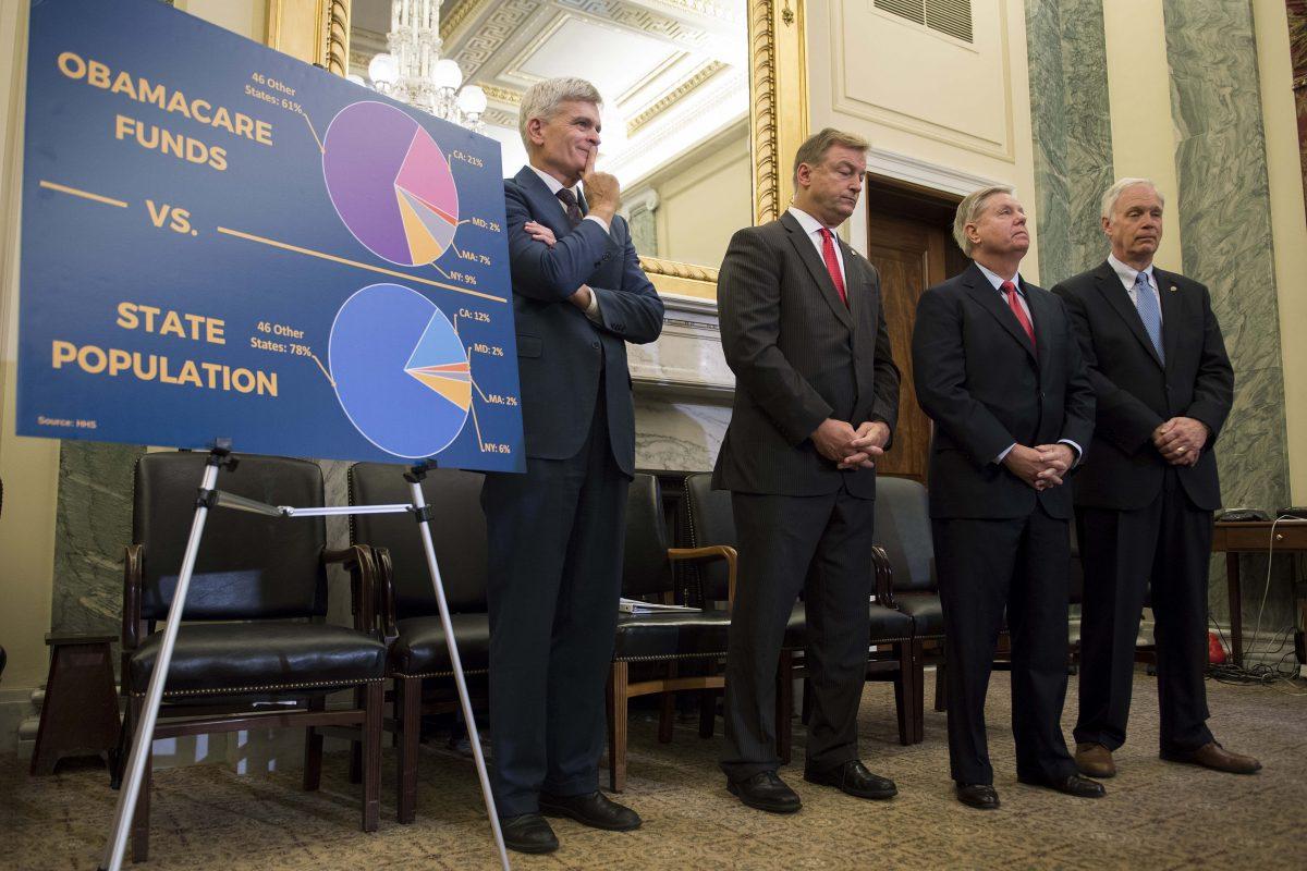 Senator Lindsey Graham (2nd R) (R-S.C.) stands with Senator Bill Cassidy (L) (R-La.), Senator Dean Heller (2nd L) (R-Nev.), and Senator Ron Johnson (R) (R-Wis.) to announce their legislation to repeal and replace Obamacare through block grants on Capitol Hill in Washington on Sept. 13, 2017. (JIM WATSON/AFP/Getty Images)
