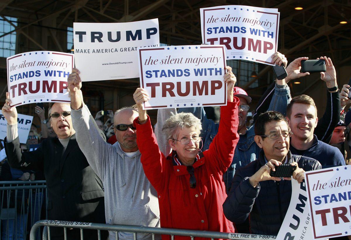 Campaign supporters hold up signs for Republican presidential candidate Donald Trump in Mesa, Arizona on Dec. 16, 2015. (Ralph Freso/Getty Images)
