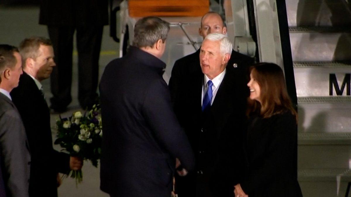U.S. Vice President Mike Pence with wife Karen Pence arrived in Munich,Germany to attend Security Conference. Feb. 15, 2019 (image via Reuters)