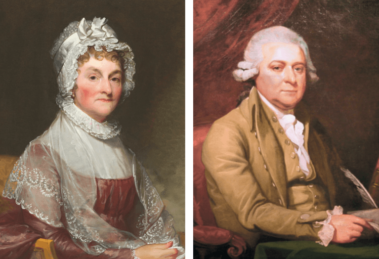 (L–R) Portraits of Abigail Adams by Gilbert Stuart, and John Adams by Mather Brown. (Public Domain)