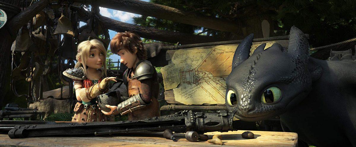 Astrid (voiced by America Ferrera), Hiccup (voiced by Jay Baruchel), and Toothless in "How to Train Your Dragon: The Hidden World." (Dreamworks Animation/Paramount Pictures)