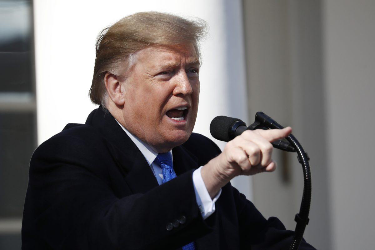 President Donald Trump speaks during an event in the Rose Garden at the White House in Washington on Feb. 15, 2019, to declare a national emergency in order to build a wall along the southern border. (Pablo Martinez Monsivais/AP Photo)