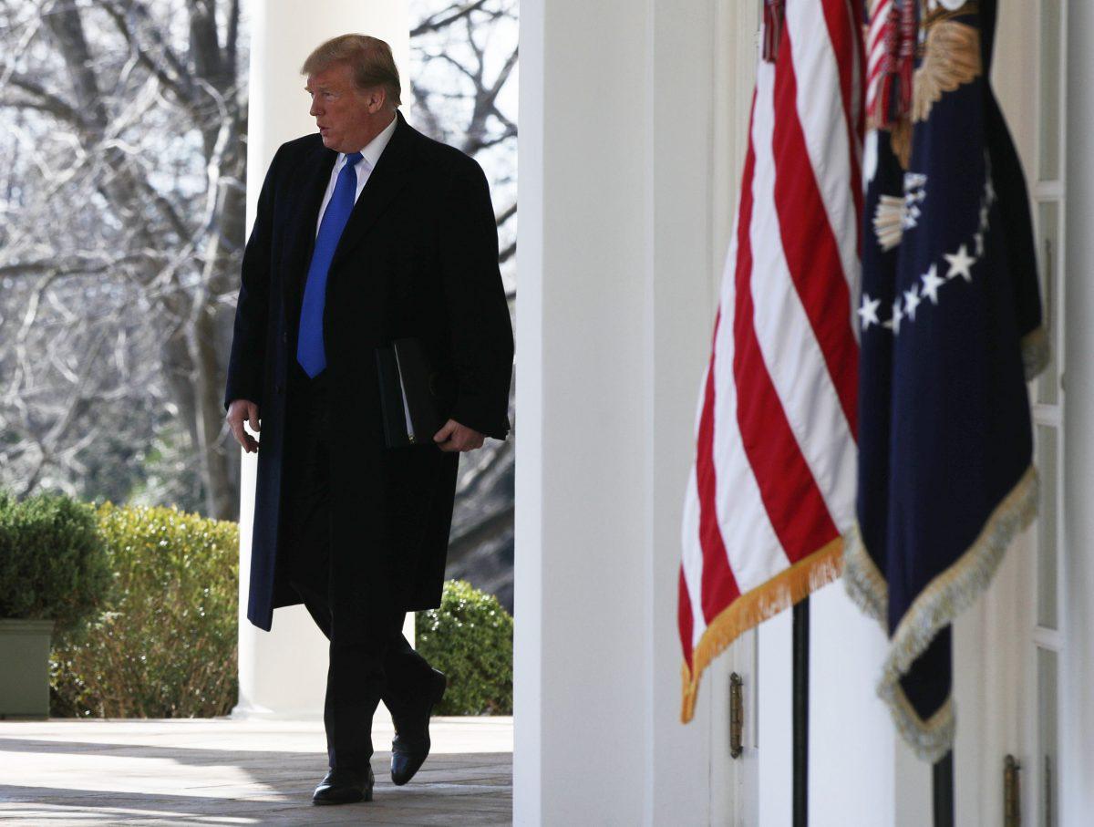 President Donald Trump arrives to speak on border security during a Rose Garden event at the White House in Washington on Feb. 15, 2019. (Alex Wong/Getty Images)