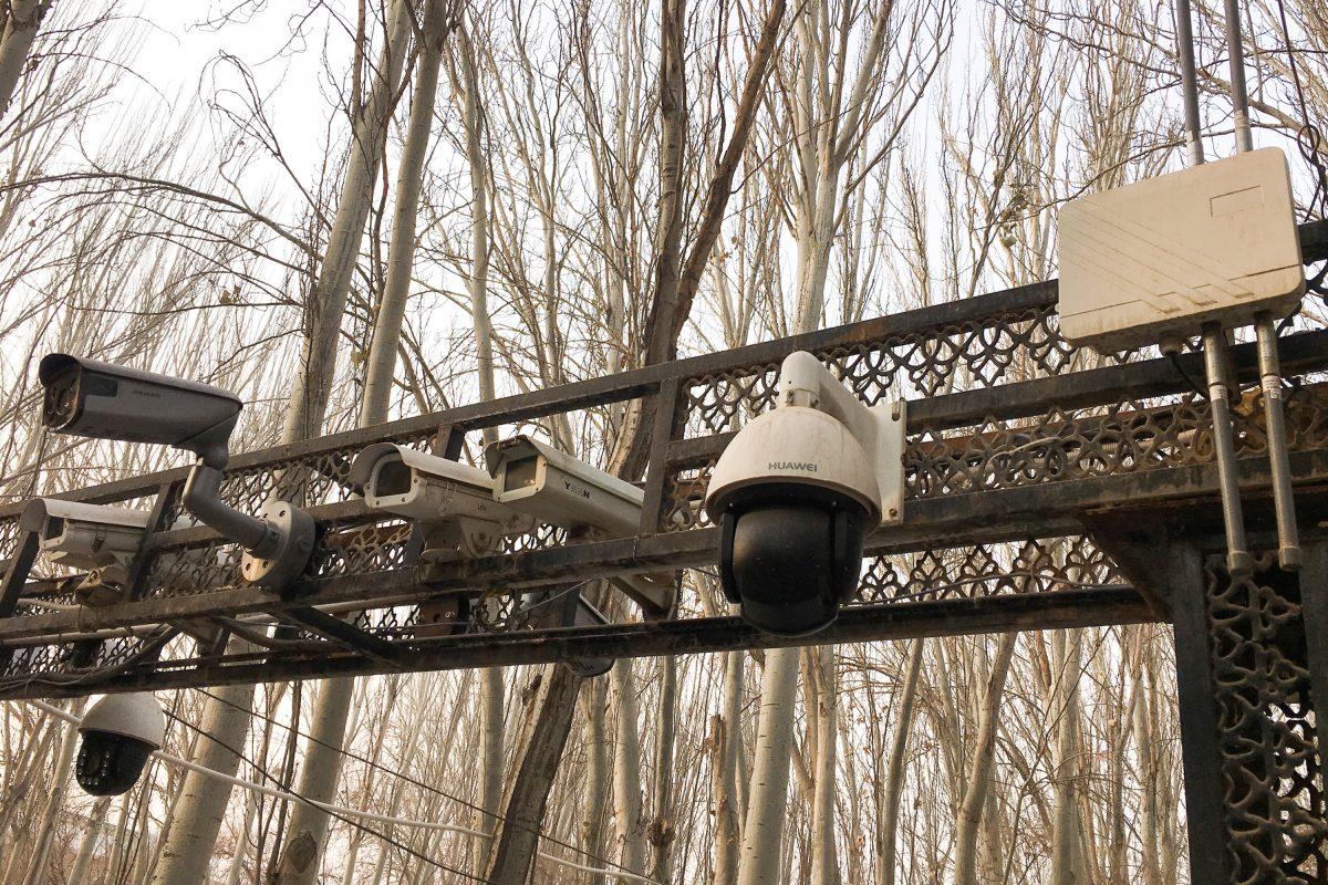 Security cameras are installed at the entrance to the Id Kah Mosque during a government organized trip in Kashgar, Xinjiang, China, on Jan. 4, 2019. (Ben Blanchard/Reuters)