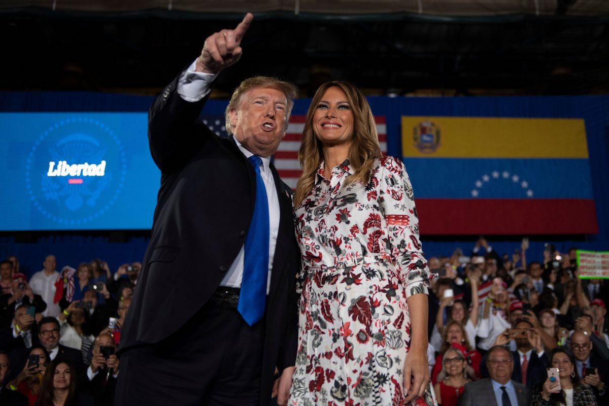  US President Donald Trump and First Lady Melania Trump deliver remarks to the Venezuelan American community at Florida International University Ocean Bank Convocation Center in Miami, FL, on February 18, 2019. (JIM WATSON/AFP/Getty Images)