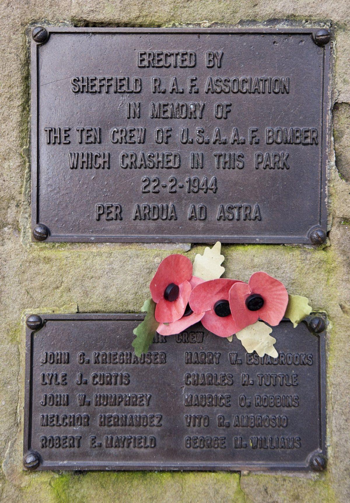 A close-up taken of the memorial honoring 10 U.S. airmen who died in a plane crash on Feb. 22, 1944, in Endcliffe Park, Sheffield, England on Feb. 13, 2019. (Rui Vieira/AP Photo)