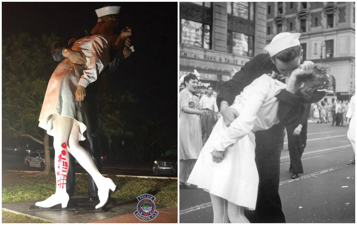 Iconic WWII Sailor Kissing Nurse Statue Spray Painted With #MeToo: Police