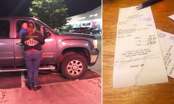 Justin Methia (L) leaving the Texas Roadhouse in North Dartmouth, Mass., when their waitress ran out to thank him for the 100 percent tip he left so she could get a new pair of shoes. (Facebook/Jared Methia)