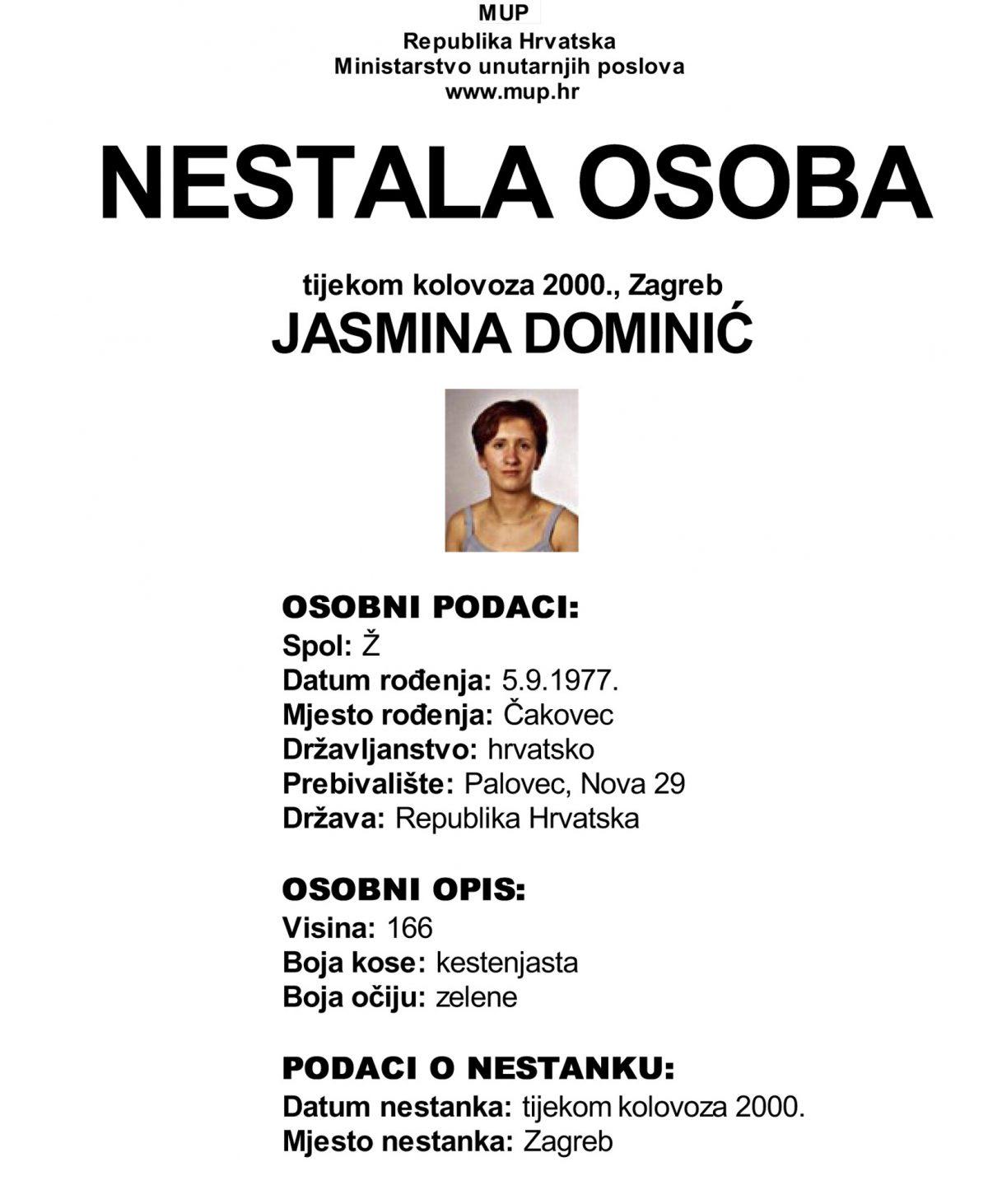 This screenshot provided by the Croatian Interior Ministry on Monday, Feb. 18, 2019 shows a missing persons information sheet Jasmina Dominic who was reported missing in 2005 but was last seen in 2000. (Croatian Interior Ministry via AP)