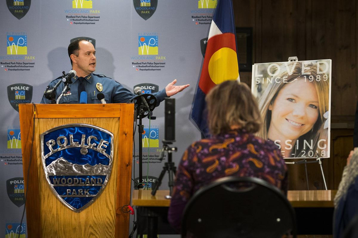 Woodland Park Police Chief Miles De Young speaks about the arrest of Patrick Frazee in the murder of his fiance Kelsey Berreth, seen right, who has been missing since Thanksgiving, at the Woodland Park, Colo., City Hall on Dec. 21, 2018. (Christian Murdock/The Gazette via AP)