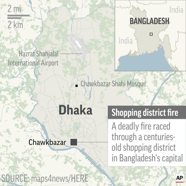 Map locates Chawkbazar in Dhaka, Bangladesh, where a deadly fire raced through densely packed buildings in a centuries-old shopping district. (Photo/AP)