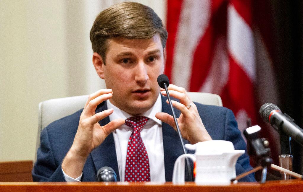 John Harris, the son of Mark Harris, testifies during the third day of a public evidentiary hearing on the 9th Congressional District voting irregularities investigation Wednesday, Feb. 20, 2019, at the North Carolina State Bar in Raleigh. (Travis Long//The News & Observer/AP/Pool)