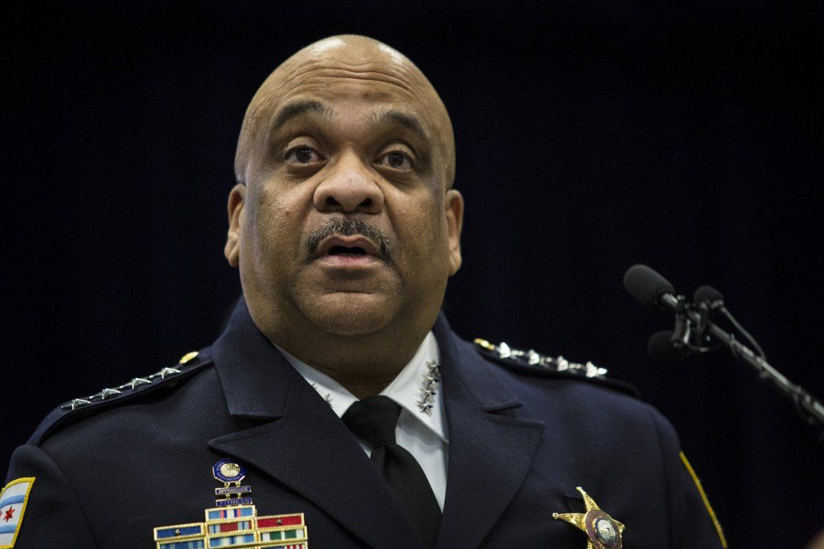 Chicago Police Supt. Eddie Johnson speaks during a press conference at CPD headquarters, in Chicago, on Feb. 21, 2019, after actor Jussie Smollett turned himself in on charges of disorderly conduct and filing a false police report. (Ashlee Rezin/Chicago Sun-Times via AP)