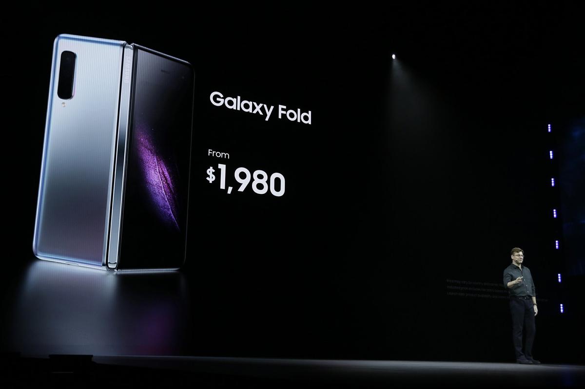 Justin Denison, SVP of Mobile Product Development, talks about the new Samsung Galaxy Fold smartphone during an event Feb. 20, 2019, in San Francisco. (Eric Risberg/AP)