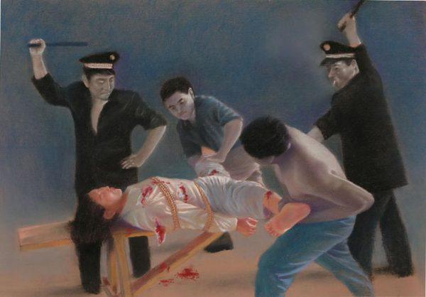 An illustration of one of the sexual torture methods employed by the CCP officials to coerce prisoners of conscience, especially female Falun Gong adherents, to renounce their faith. (<a href="https://en.minghui.org/">Minghui.org</a>)