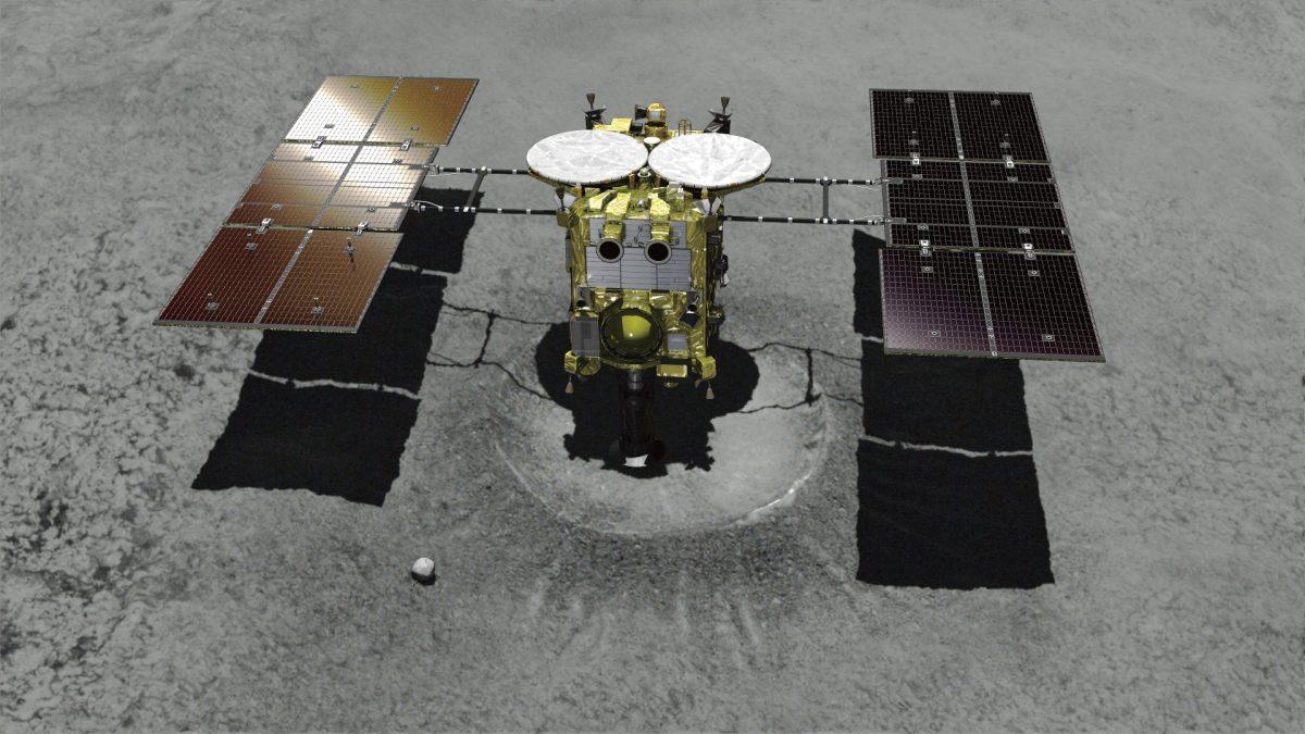 This computer graphic image provided by the Japan Aerospace Exploration Agency (JAXA) shows the Japanese unmanned spacecraft Hayabusa2 approaching on the asteroid Ryugu. (JAXA via AP, file)