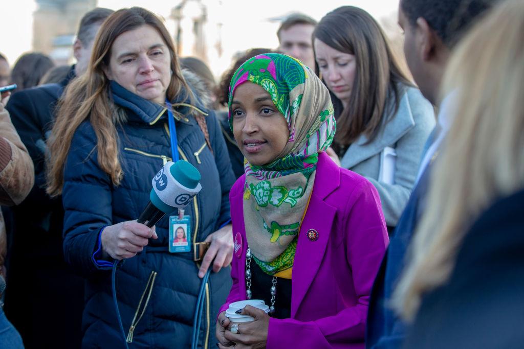 Rep Ilhan Omar (D-MN)speaks to media outside the US Captiol in Washington on Jan. 15, 2019. (Tasos Katopodis/Getty Images)