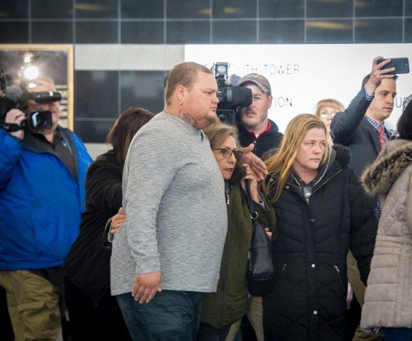 Several members of James Alan Neal's family leave El Paso County's Terry R. Harris Judicial Complex in Colorado Springs, Colo., on Feb. 21, 2019. (Dougal Brownlie/The Gazette via AP)