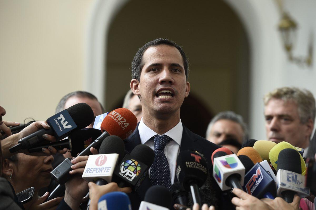 Venezuela's opposition leader Juan Guaido speaks to journalists in Caracas on Feb. 19, 2019. (Federico Parra/AFP/Getty Images)