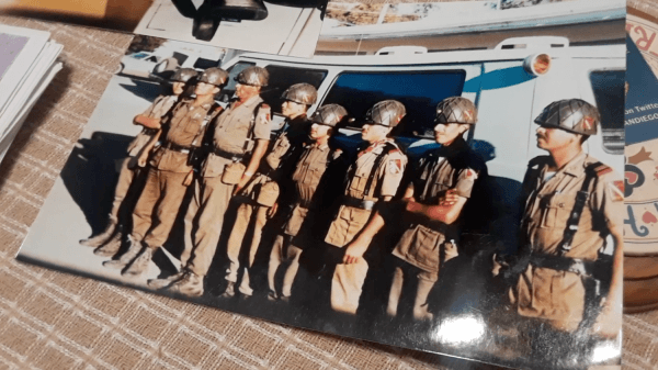A photo of the eight soldiers who Bob Maupin says held his family hostage on his property after crossing the border illegally in Boulevard, east San Diego County in August 1985. (Courtesy of Robert (Bob) Maupin)