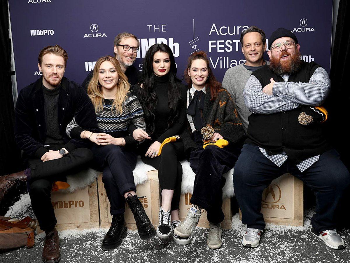 (L–R) Jack Lowden, Florence Pugh, Stephen Merchant (director), the real-life Paige (Saraya-Jade Bevis), Lena Headey, Vince Vaughn, and Nick Frost in a promotional photo for “Fighting With My Family.” (Robert Viglasky/Metro-Goldwyn-Mayer Pictures Inc.)