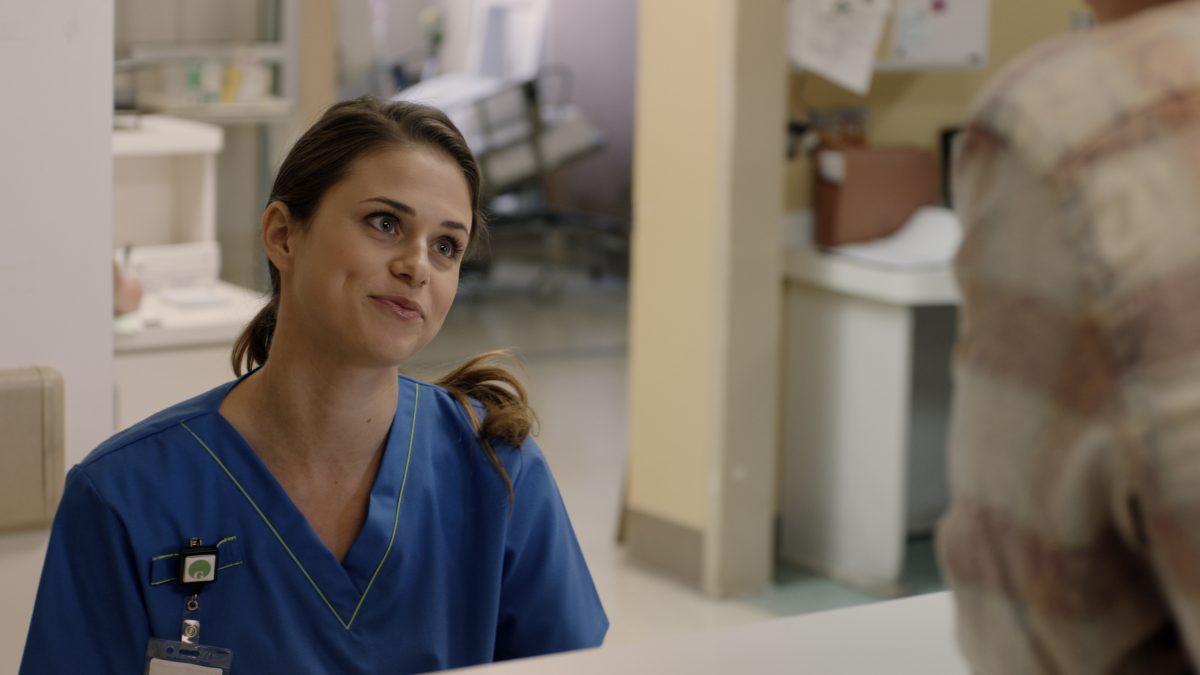 Ginger (Kelsey Reinhardt), a nurse intern, meets Zach in “Run the Race.” (RTR Movie Holdings, LLC)
