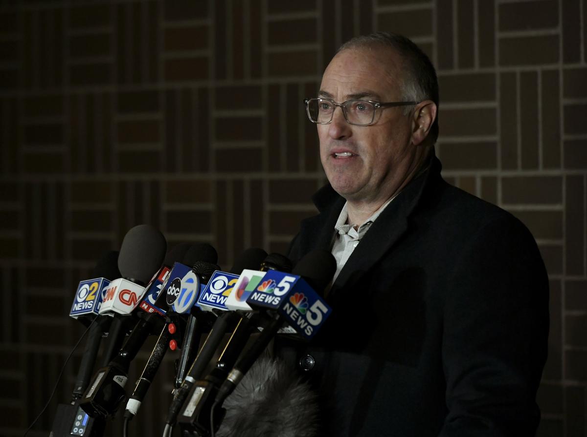 Singer R. Kelly's attorney Steve Greenberg speaks to the media after Kelly turned himself in to police in Chicago on Feb. 22, 2019. (Paul Beaty/AP)